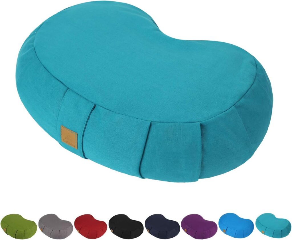 FelizMax Crescent Zafu Meditation Pillow, D=17 W=11 H=5.5 Zabuton Yoga Bolster, Meditation Cushion, Floor Pouf Yoga Pillow Zippered Organic Cotton Cover Natural Buckwheat Kneeling Pillow - Large