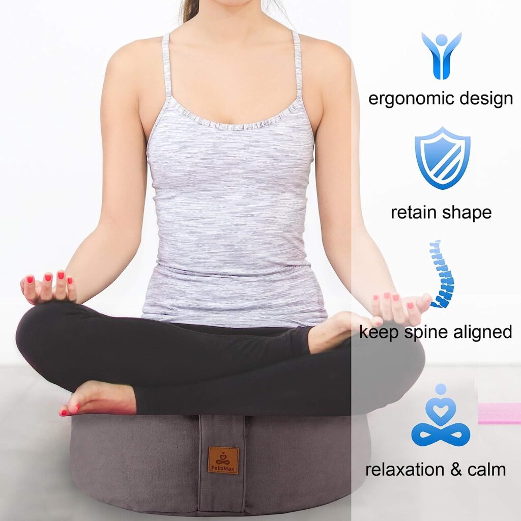 FelizMax Crescent Zafu Meditation Pillow, D=17 W=11 H=5.5 Zabuton Yoga Bolster, Meditation Cushion, Floor Pouf Yoga Pillow Zippered Organic Cotton Cover Natural Buckwheat Kneeling Pillow - Large