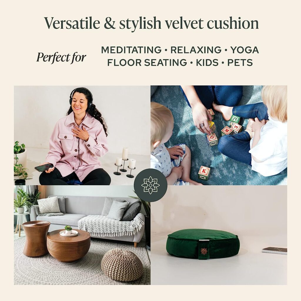 Mindful and Modern Velvet Meditation Cushion - Luxury Zafu Floor Pillow for Yoga - Large Buckwheat Meditation Pillow with Luxe Removable Cover in Six Colors