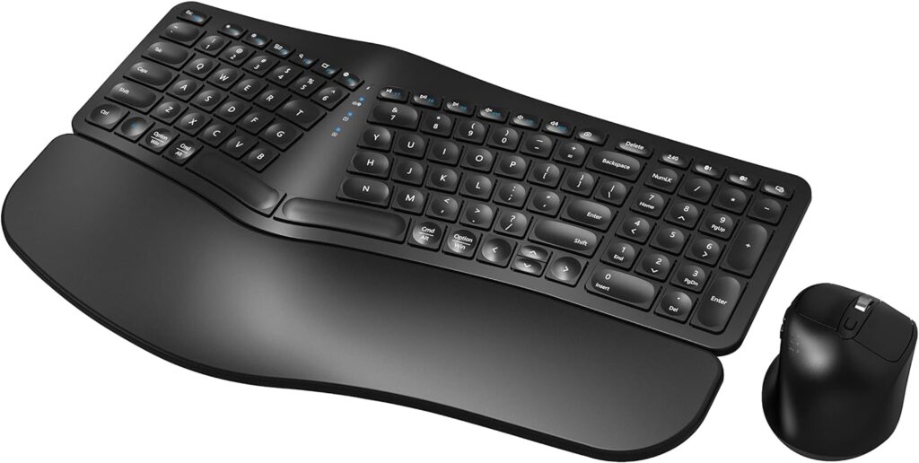 MK960 Ergonomic Wireless Keyboard Mouse Combo, Bluetooth/2.4G Split Design Keyboard with Palm Rest and 4 Level DPI Adjustable Wireless Mouse Multi-Device, Rechargeable, for Windows/Mac/Android(Black)