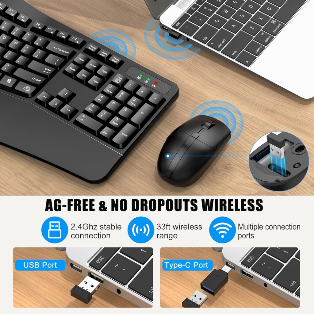 Wireless Keyboard and Mouse, Wireless Ergonomic Keyboard and mousewith Wrist Rest and 3 Level DPI Adjustable Wireless Mouse for Windows/MacOS, Desktops/Laptops